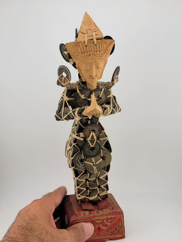 Antique Asian Chinese Coins 12" Figurine Wood Hands  & Head Made in Indonesia
