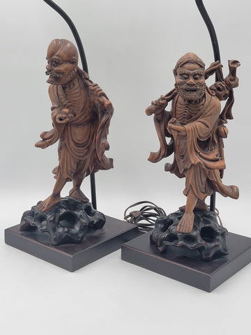 Pair Of Antique C 1910's Chinese Handcarved Boxwood Statues Made Into Lampshades