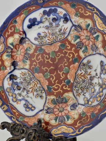 19th C Japanese Imari Plate Meiji Period Red Blue Gold w/ Victorian Brass Easel