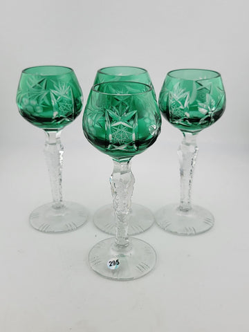 Set Of 4 Lausitzer Bohemian Crystal Green Cut Glass Etched. No Chips Or Cracks
