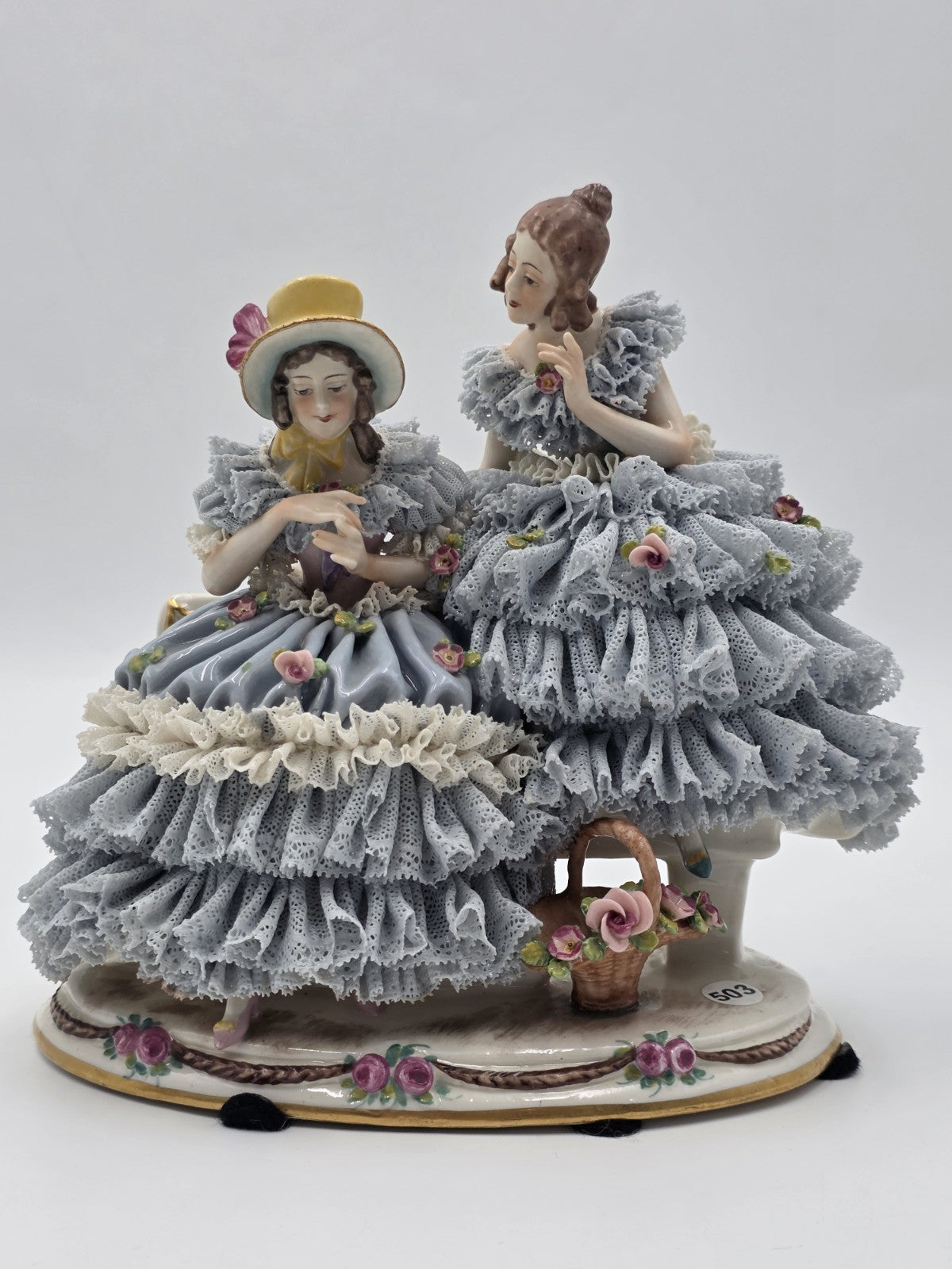 Antique German Dresden Lace Porcelain Figurine Two Ladies On Bench Volkstedt