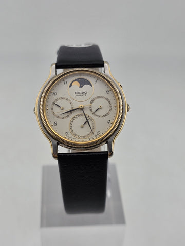 Vtg Seiko Chronograph Moon Phase White Dial Watch – 7F39-6029. Japan 1989 Works