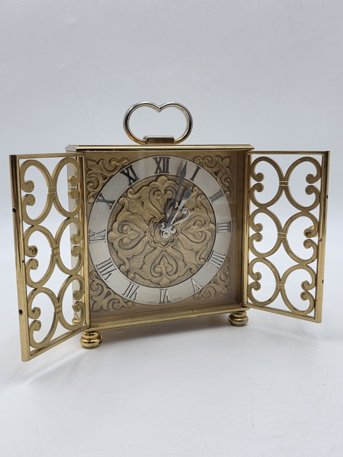 Ultra Rare Arthur Imhof Swiss 8 Day 15 J Gilt Brass Clock Pierced Doors. Works