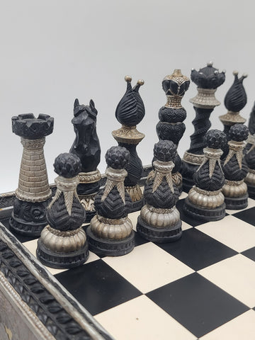 Rare Vintage Large Renaissance Style Resin Chess Set w Drawer Medieval Board 16”
