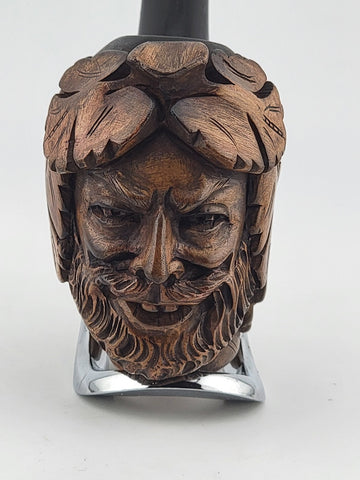 Vintage European Wood Block Pipe Hand Carved Bacco Baccus Greek Worrior Theme.