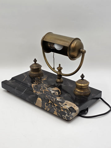 1920 Art Deco Brass Barrel Desk Lamp on Portoro Marble Base Dual Brass Inkwells