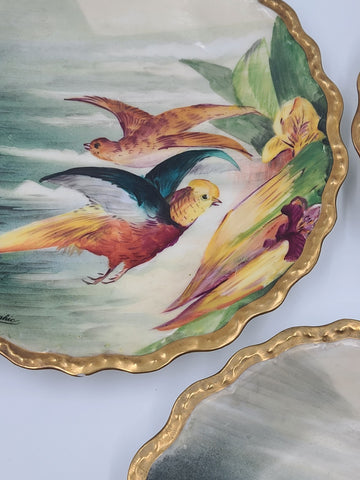 SET OF 3 ANTIQUE LIMOGES FRANCE LRL HAND PAINTED BIRDS CABINET PLATE SIGNED