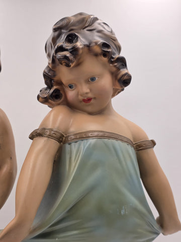 Paor huge 1920 French Art Deco Chalkware polychrome boy & girl figurine statues