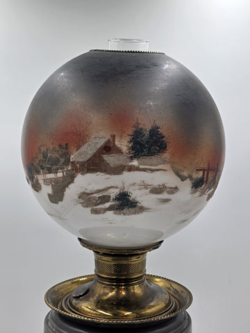 Antique Victorian 1890 Gone With The Wind Lamp Log Cabin Winter Snowy Scenery