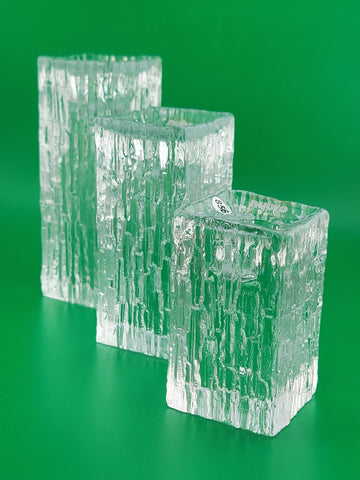 Rare Vintage Set Of 3 Nybro Crystal Heavy Glass Candlestick Holders Ice Pillars