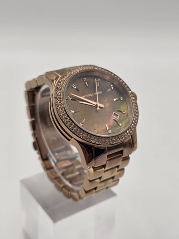 Michael Kors MK5494 Rose Gold Watch Mother of Pearl Dial Crystal Bezel 42mm Runs