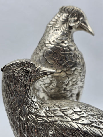 Vintage Pair XL Castilian Brass Pheasant Sculptures Cock Hen on Base 14 inch.