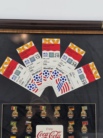 Rare Set 1994 FIFA World Cup USA Ticket Stubs + Coca Cola Pin Set Framed Display