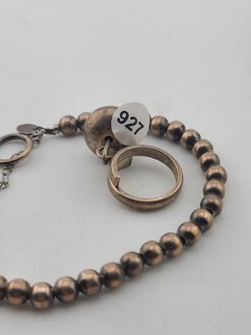 Unique Set Of Sterling Silver Beaded Bracelet & Ring 925 Toggle Clasp w/ Charm