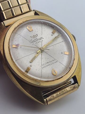 Waltham 17 Jewels Shock Resistant 1970's Watch Sunburst Mens Gold Plated. Read.