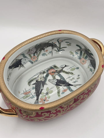 Antique XL Chinese handpainted Red porcelain 24kt gold Oval Footbath, Jardiniere