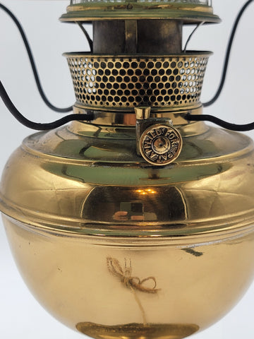 Antique Converted Holmes Booth & Haydens Brass Oil Lamp Ribbed Cased Green Shade