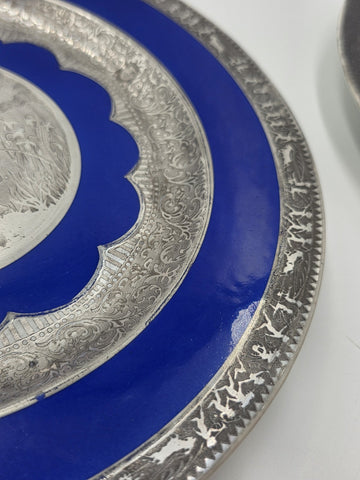Set of 3 Antique Czech Silver Inlaid Blue Enamel Fairy Plates c.1910 Art Nouveau