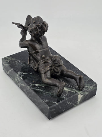 Vintage Small Bronze Child w/ Bird Figurine on Green Marble Pedestal Base Signed