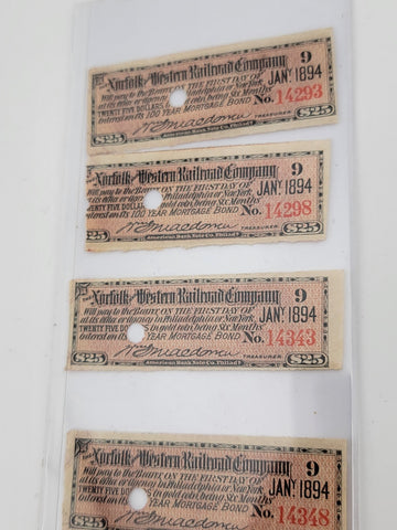 Norfolk & Western Railroad Co Gold Bond Coupons Stamps lot 4. $25 Issued 1894