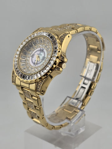 Croton Gold Tone Crystal Baguette Bezel Watch Mother of Pearl Dial Quartz. Works