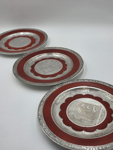 Set of 3 Antique Czech Silver Inlaid Red Enamel Fairy Plates c.1910 Art Nouveau