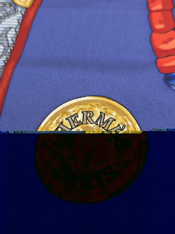 Hermès Silk Scarf 90 “Tibet” Cathy Latham Blue Red Gold Tibetan Jewelry Motif