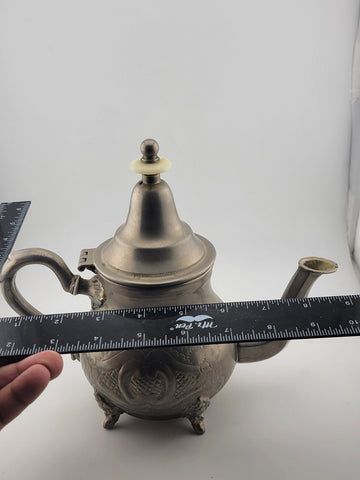 Vintage Antique Hand Made Silver Plated Moroccan Teapot With Feet. Stamped.