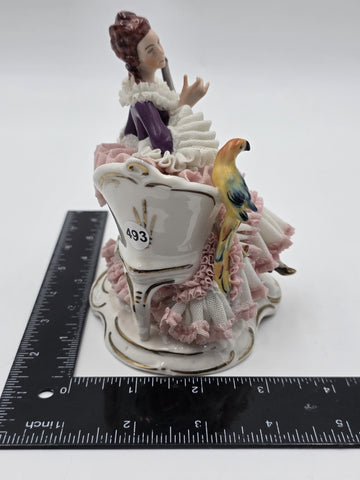 Vintage Dresden Art Germany Lace Porcelain Lady Musician Figurine Bird Bench