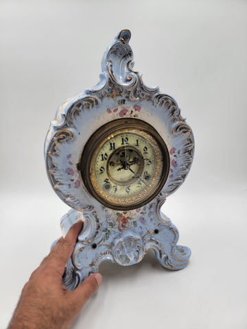 RARE ANTIQUE 19TH C ANSONIA HAND PAINTED PORCELAIN MANTLE CLOCK - WORKS. READ.
