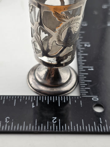 SET Of 4 MID-CENTURY MEXICO STERLING SILVER 3" PIERCED CORDIALS, GLASS LINERS