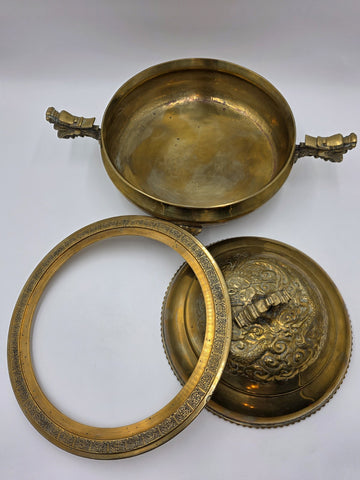 Antique Chinese Brass Dragon Handle Lidded Tureen Qing Hot Pot with Foo Dog Lid
