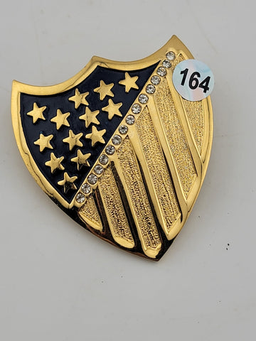 Lot Of 2 Crest Shield 13 Stars &Stripes 16 Clear Rhinestones Vintage Gold Brooch