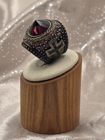 Rare Vintage Gothic Medieval Cross Ring Red Stone Rhinestone Statement Size 7.5