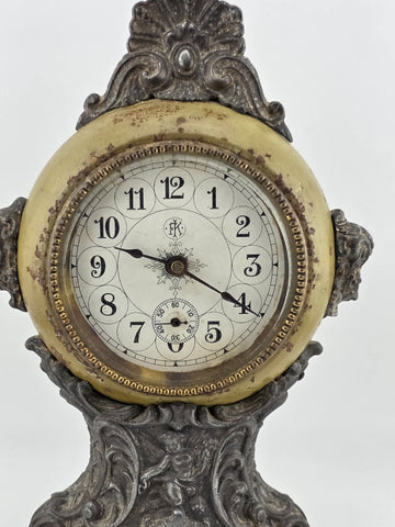 Antique F. Kroeber Metal Mantel Alarm  Clock c.1893 Ornate Victorian Windup Read