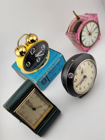 Lot Of 4 Vintage Alarm Clocks. Various Brand. Untested. May Need Repair/ Service