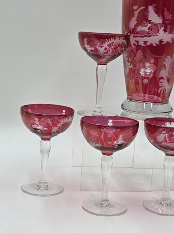 Rare Set Of 8 Antique Edwardian Wine Cranberry Glass Engraved Etched & Pitcher.