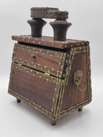 Rare Antique One Of A Kind Large Middle East Solid Wood & Copper Shoe Shine Box.