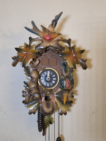 Vtg German Regula Black Forest Hunter Musical Cuckoo Clock 3 Weight Carved. Read