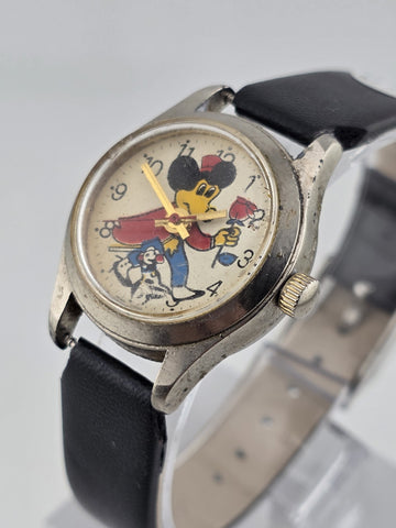 Antique 1950's Mickey Mouse Hong Kong Mechanical Watch Cartoon Dial. 28 mm Works