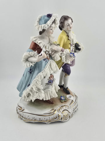 Vintage MCM Volkstedt Dresden Lace Porcelain Figurine GDR Courting Couple Rococo