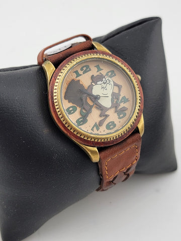 Rare Collectible Taz Wooden Dial Bezel Braided Leather Fossil Watch. Serviced.