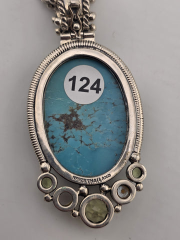 Vintage Large 925 Sterling Silver Turquoise Peridot Pearl Pendant Necklace. Read