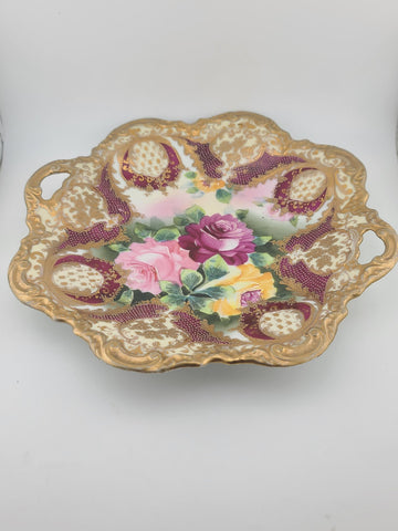 Antique Royal Kinran Nippon HandPainted Platter Moriage Pink Yellow Rose Gold