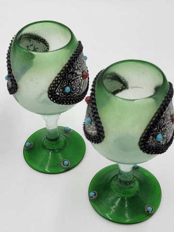 Gorgeous Vintage One Of A Kind Green Emerald Highly Ornate Pitcher & 5 Glasses