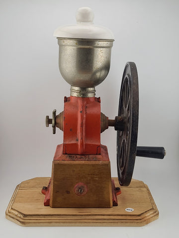 Vintage Elma Big Wheel Coffee Mill Grinder Cast Iron Wheel Mounted On Wood Base