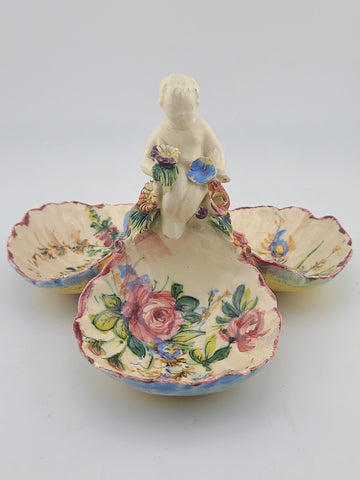 Vintage Italian Majolica Putti Cherub 3 Bowl Dish Hand Painted Faenza Style