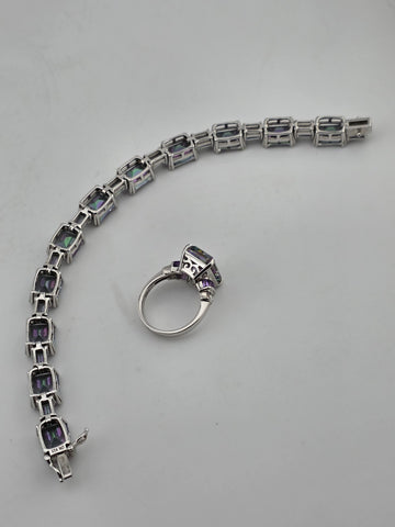 Mystic Topaz Rainbow Tennis Bracelet & Matching Ring. Sterling Silver 925.