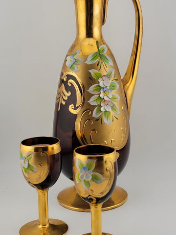 Vintage Murano Italy Ruby Red & Gold handpainted W Roses Decanter & 2 Glasses