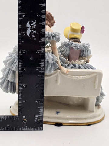 Antique German Dresden Lace Porcelain Figurine Two Ladies On Bench Volkstedt